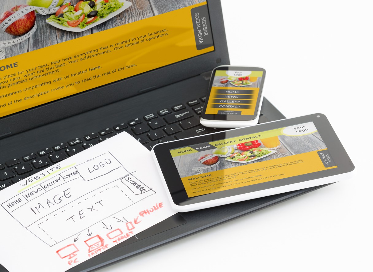 Responsive web design planning shown across laptop, tablet, and phone screens